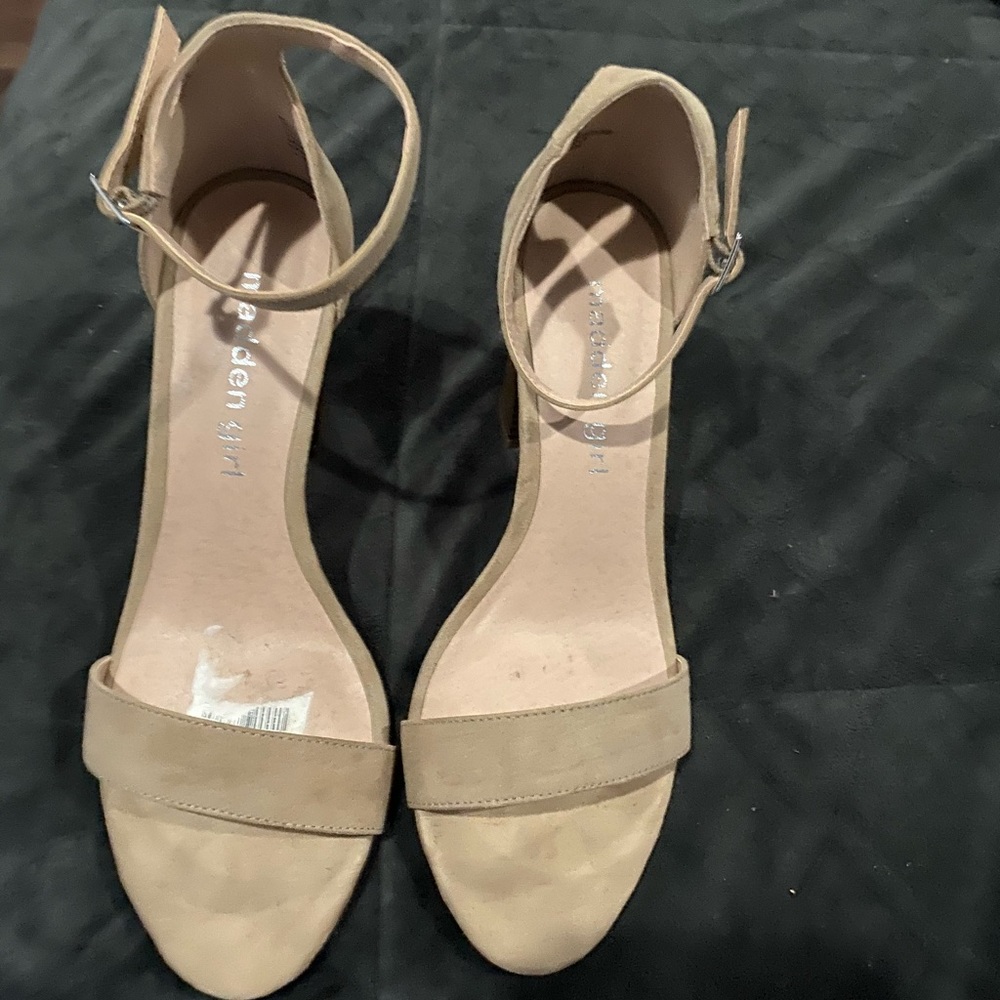 Tan suede ankle strap heels